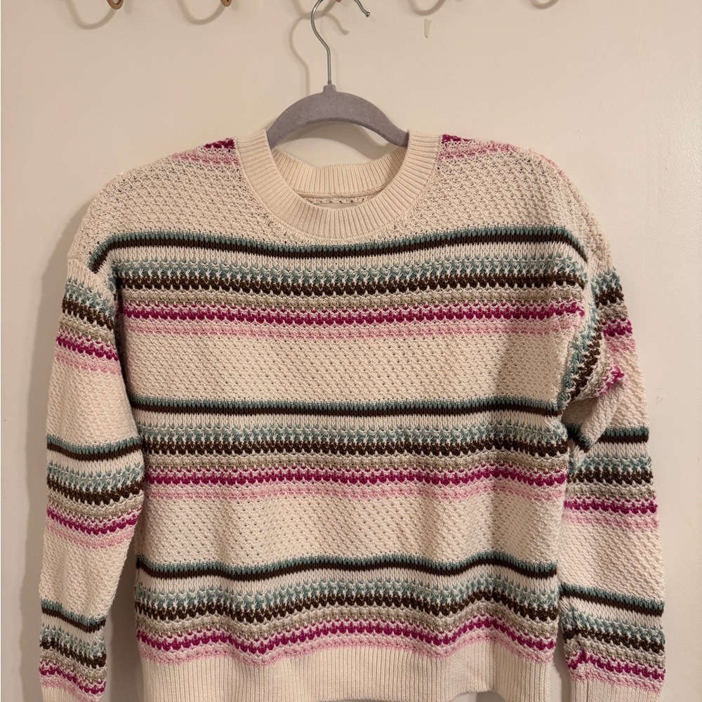 LOFT Cream Striped Knit Cotton Sweater with Pink and Teal Accents